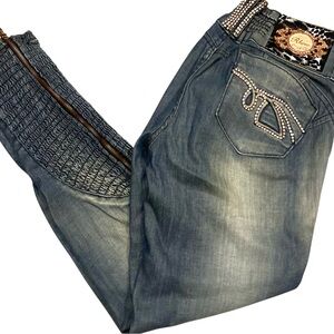 Rhero Brazilian Butt Lift Jeans Size 6 Low Rise Ruched Zipper Cuffs Rhinestones